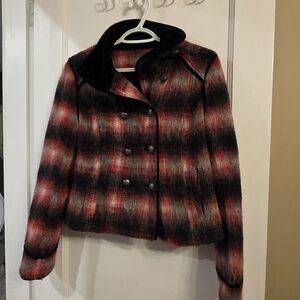 Free People Red and Black Plaid Pea Coat